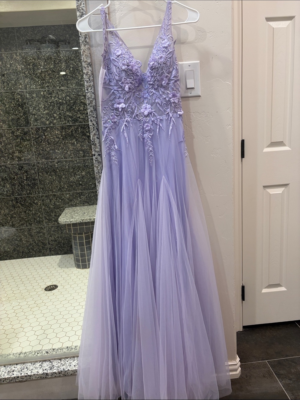 Elegant Lavender Floral Appliqué Evening Gown